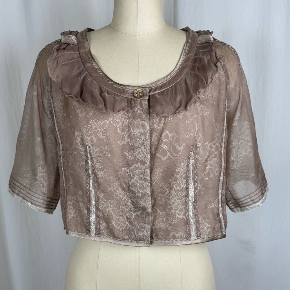 Elie Tahari Sheer Lace Blouse in Taupe
